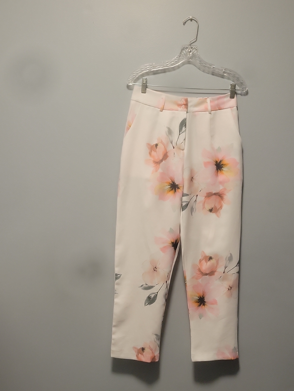 Cropped Floral Ankle Pants - White with Pink Floral Print